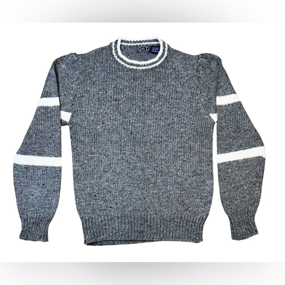 Vintage‎ Retro Women's Medium OHI Brand Gray & White Striped Sweater Wool Blend